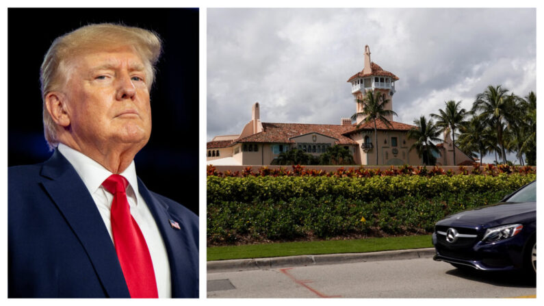 (Izquierda) El expresidente Donald Trump en el CPAC de Dallas el 6 de agosto de 2022. (Derecha) El complejo Mar-a-Lago en Palm Beach, Florida, el 11 de febrero de 2022. (Brandon Bell, Joe Raedle/Getty Images)

