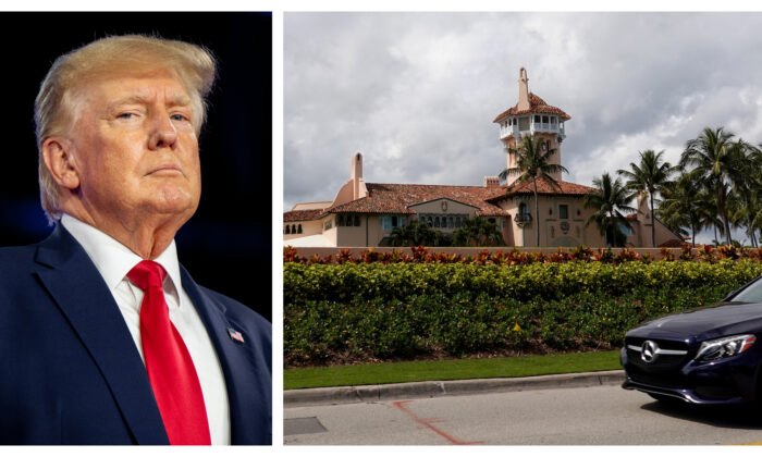 (Izq.) El expresidente Donald Trump en el CPAC de Dallas, el 6 de agosto de 2022. (Der.) El resort Mar-a-Lago, en Palm Beach, Florida, el 11 de febrero de 2022. (Brandon Bell, Joe Raedle/Getty Images)