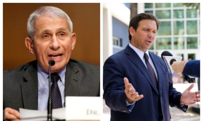 El Dr. Anthony Fauci (Izq.) y el gobernador de Florida, Ron DeSantis (Der.). (Greg Nash/Pool/Getty Images; Samira Bouaou/The Epoch Times)