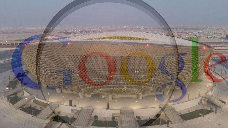 Imagen compuesta: Una vista aérea del Estadio Lusail al amanecer del 20 de junio de 2022 en Doha, Qatar. (David Ramos/Getty Images) | Imagen sobrepuesta, logo de Google. (Pixabay/ Simon)