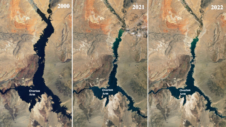 Fotos del río Colorado que muestran la sequía en el brazo Overton entre 2000 y 2022. (Recopilación de fotos de la NASA)
