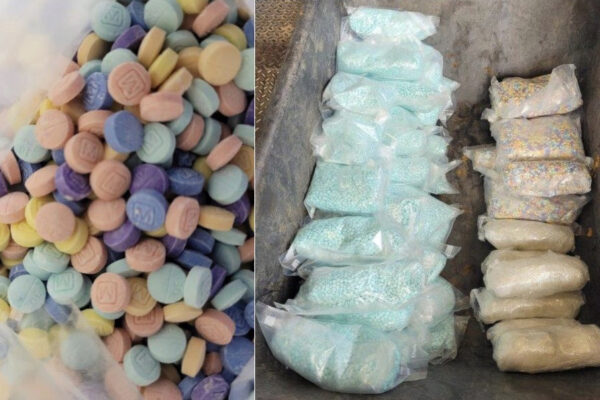Los oficiales de Aduanas y Protección Fronteriza incautaron aproximadamente 47,000 pastillas de fentanilo de colores del arcoíris, 186,000 pastillas de fentanilo azul y 6.5 libras de metanfetamina escondidas en el piso de un vehículo, en el puerto de entrada de Nogales, el 3 de septiembre de 2022. (Aduanas y Protección de Fronteras de EE.UU)
