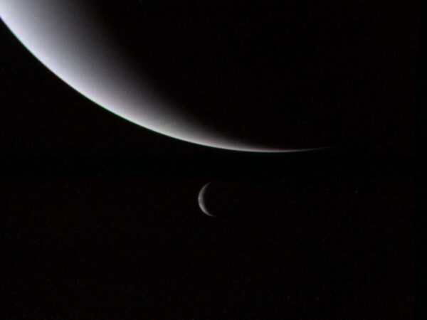 Una foto de Neptuno y su luna, Tritón, tomada por el Voyager 2. La órbita de Tritón acabará llevándola dentro del límite de Roche de Neptuno, desgarrándola y formando potencialmente un nuevo sistema de anillos. (NASA)