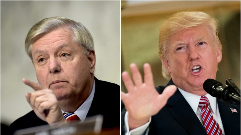 (De izquierda a derecha) El senador Lindsey Graham (R-S.C.) y el expresidente Donald Trump. (Brendan Smialowski/AFP/Getty Images; Drew Angerer/Getty Images)
