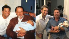 Bombero recrea foto familiar de hace 23 años de «tres generaciones» como bienvenida para su hija