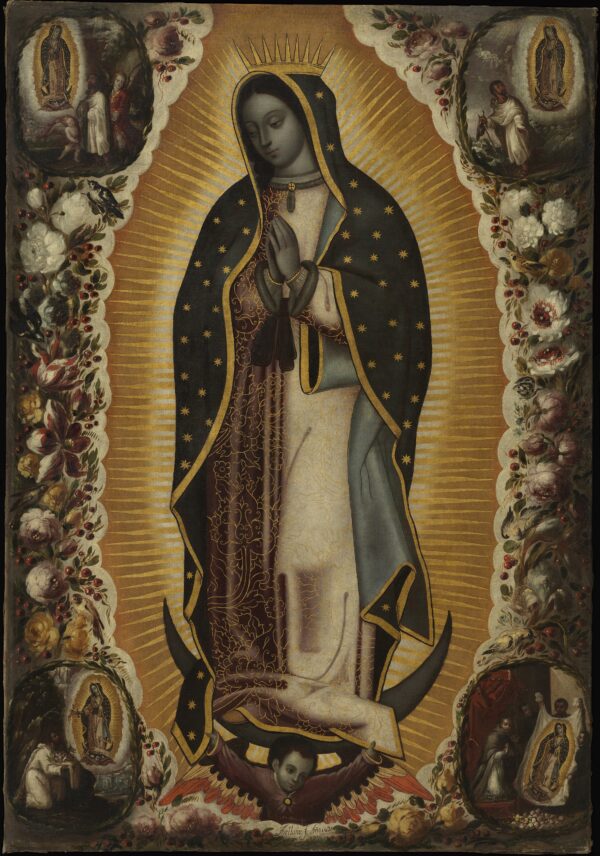 "Virgen de Guadalupe", México, 1691, por Manuel de Arellano y Antonio de Arellano. Óleo sobre lienzo; 71 4/8 pulgadas por 48 5/8 pulgadas. Adquirido con fondos proporcionados por el Fondo de Desaccesión de la Colección Bernard y Edith Lewin de Arte Mexicano, Los Angeles County Museum of Art. (Dominio público)