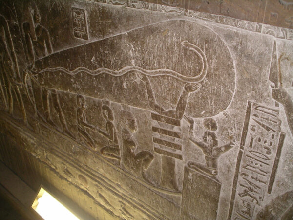 El objeto similar a una bombilla grabado en una cripta bajo el Templo de Hathor en Egipto. (Lasse Jensen/CC BY 2.5)
