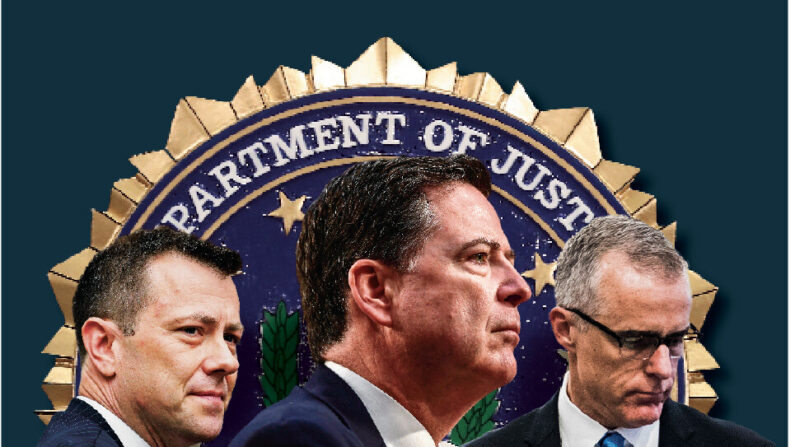 (De izquierda a derecha) El exagente del FBI Peter Strzok; el exdirector del FBI James Comey; y el ex subdirector del FBI Andrew McCabe. (Getty Images/Ilustración de The Epoch Times)
