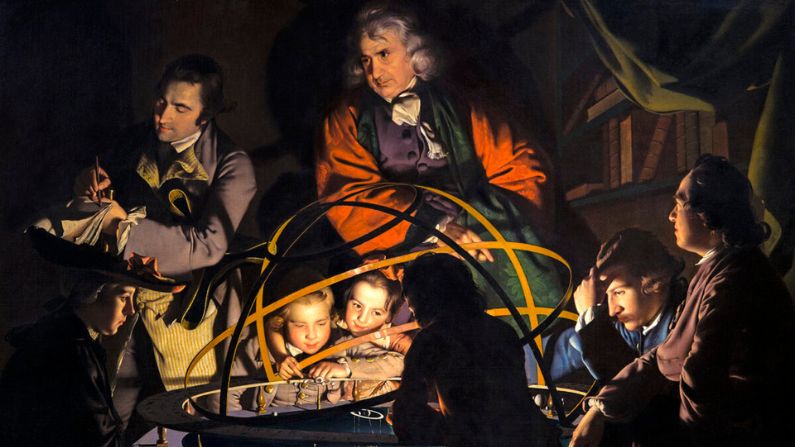 "Un filósofo dando una conferencia sobre el oratorio, en la que se pone una lámpara en lugar del sol", alrededor de 1766, por Joseph Wright de Derby. Óleo sobre lienzo. Museo y Galería de Arte de Derby, Derby, Inglaterra. (Dominio público)