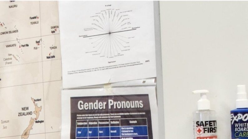 Un papel indica a los estudiantes una lista de pronombres de género preferidos para usar en la escuela preparatoria de Gorham, Maine. (Crédito de la foto: HB)
