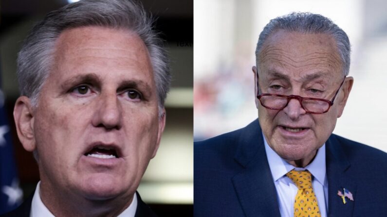 (Izquierda) El líder de la minoría de la Cámara de Representantes, Kevin McCarthy (R-Calif.), habla en una conferencia de prensa en el edificio del Capitolio en Washington el 27 de agosto de 2021. (Anna Moneymaker/Getty Images). (Derecha) El líder de la mayoría del Senado, Chuck Schumer (D-N.Y.), habla con los periodistas en Washington el 19 de mayo de 2022. (Tasos Katopodis/Getty Images)
