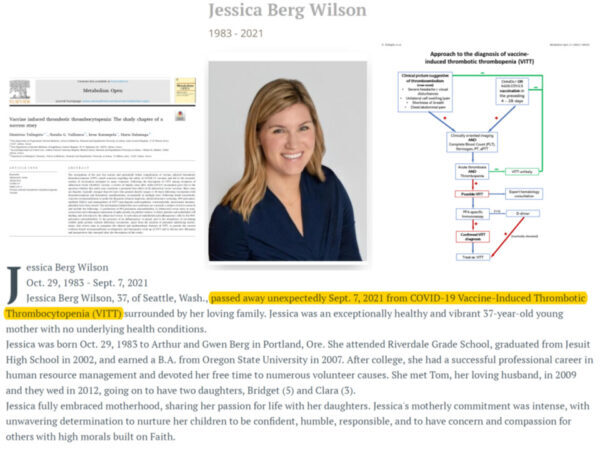 Jessica Berg Wilson, 29 de octubre de 1983 - 7 de septiembre del 2021, murió de COVID-19 VITT