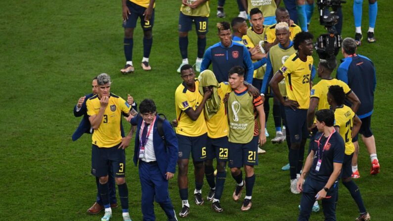 Los jugadores de Ecuador reaccionan después de perder 2-1 ante Senegal durante el partido de fútbol del Grupo A de la Copa Mundial de Qatar 2022 entre Ecuador y Senegal en el Estadio Internacional Khalifa en Doha el 29 de noviembre de 2022. (Jung Yeon-Je/AFP vía Getty Images)
