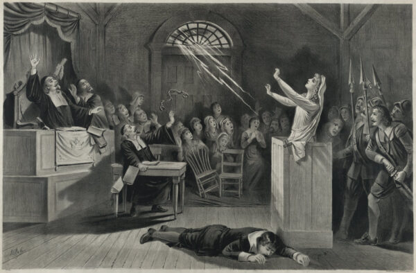 Representación de los juicios a las brujas de Salem. Litografía de 1892 de Joseph E. Baker. (Wikimedia Commons)