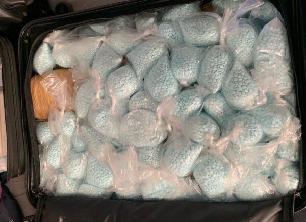 Bolsas llenas de pastillas de fentanilo incautadas por la DEA de Los Ángeles. (Cortesía de la DEA de Los Ángeles)