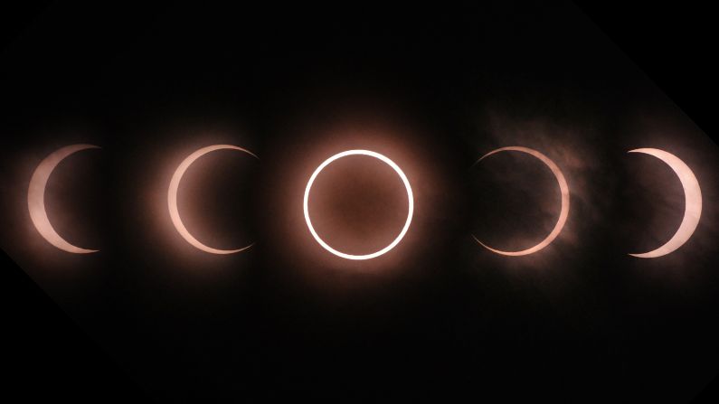 Esta imagen combinada muestra un eclipse solar anular visto desde Tokio el 21 de mayo de 2012. (KAZUHIRO NOGI/AFP/GettyImages)