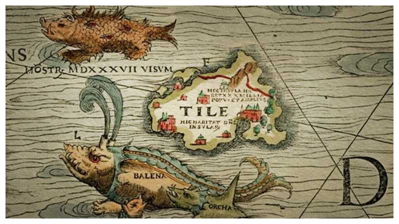 Se ha postulado que la bestia roja "barbuda" (arriba a la derecha) en el mapa "Carta Marina" de Olaus Magnus de 1539 es una representación del Kraken. (Dominio público)