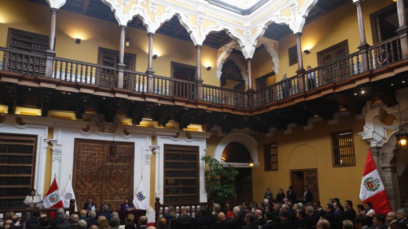 Ceremonia de presentación del cargo de la canciller Ana Cecilia Gervaside en el patio principal del Palacio de Torre Tagle, sede de la cancillería peruana el 15 de diciembre de 2022, en Lima, Perú. (EFE/ Paolo Aguilar)