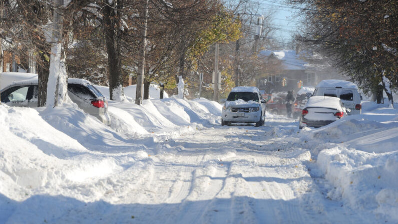 Los coches se abren paso a través de las calles bordeadas de árboles después de una intensa tormenta de nieve de efecto lago que afectó a la zona el 20 de noviembre de 2022 en Buffalo, Nueva York (EE.UU.). (John Normile/Getty Images)