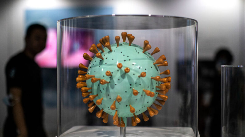 El modelo del virus COVID-19 se muestra en la exposición científica "Enlightenment Of COVID-19" el 18 de julio de 2021 en Wuhan, provincia de Hubei, China. (Getty Images)