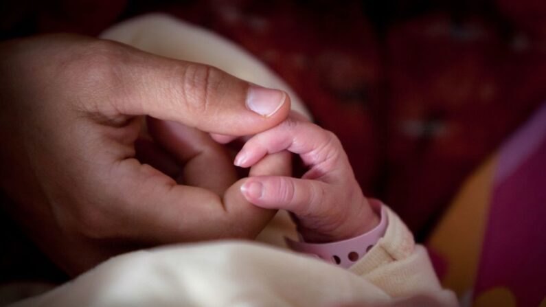 Una foto tomada el 22 de abril de 2011 muestra a una madre sosteniendo la mano de su hijo recién nacido. (Loic Venance/AFP vía Getty Images)