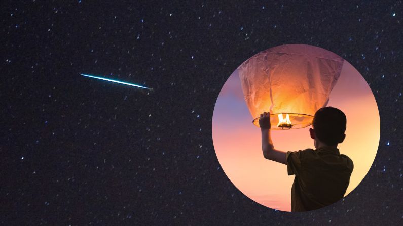 Un meteoro (Izq) de la lluvia de meteoros de las Gemínidas entra en la atmósfera terrestre pasando junto a las estrellas Cástor y Pólux (dos estrellas brillantes, R) el 12 de diciembre de 2009 sobre Southold, Nueva York.  (STAN HONDA/AFP via Getty Images) | Inserción. (Pixabay/ pixel2013)