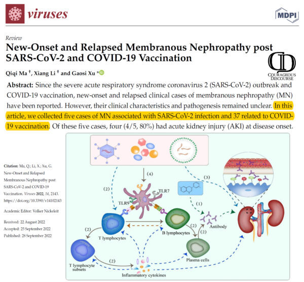 Ma Q, Li X, Xu G. New-Onset and Relapsed Membranous Nephropathy post SARS-CoV-2 and COVID-19 Vaccination. Viruses. 2022 Sep 28;14(10):2143. doi: 10.3390/v14102143. PMID: 36298697; PMCID: PMC9611660.