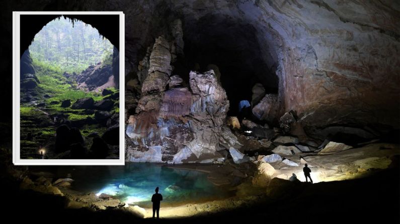 Esta fotografía tomada el 17 de enero de 2021 muestra a unos visitantes en la cueva de Son Doong, una de las cuevas naturales más grandes del mundo, durante una excursión en la provincia central vietnamita de Quang Binh. (NHAC NGUYEN/AFP vía Getty Images) | Inserción:  La cueva de Son Doong, situada en la provincia de Quang Binh, en el centro de Vietnam. (Nhac Nguyen/AFP vía Getty Images)