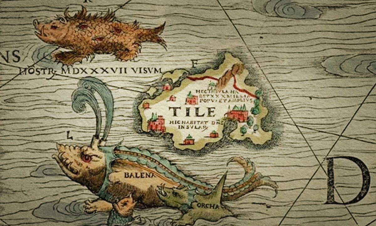 Un "cerdo marino" (arriba a la izquierda) se representa junto a una ballena y a una orca en el mapa "Carta Marina" de Olaus Magnus de 1539. (Dominio público)