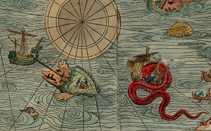 Entre varias criaturas marinas no identificadas se encuentra una criatura serpentina roja que ataca a un barco. (Dominio público)
