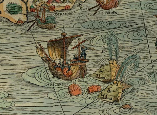 Se ilustran ballenas con colmillos atacando a un barco mientras los marineros arrojan barriles y tocan una trompeta para protegerse. (Dominio público) 