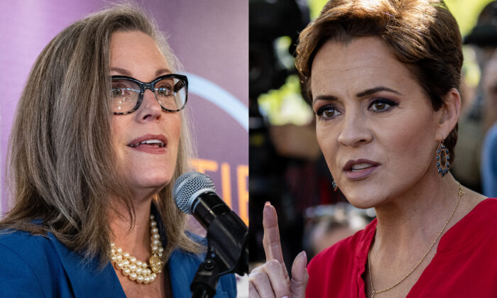 La secretaria de Estado de Arizona, Katie Hobbs, a la izquierda, y la republicana Kari Lake. (Getty Images)