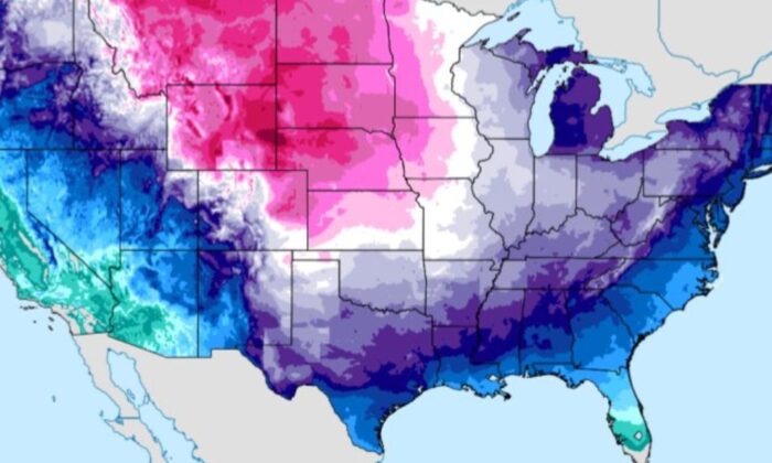 Un frente frío del Ártico que llegará esta semana disminuirá la temperatura en gran parte de Estados Unidos, dice el Servicio Meteorológico Nacional, que publicó un mapa de las temperaturas pronosticadas a partir del 20 de diciembre de 2022. (NWS)
