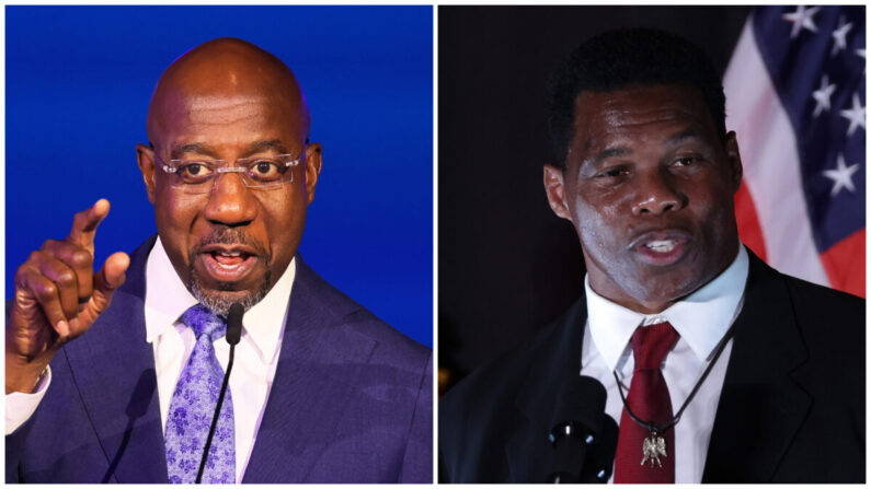 (Izquierda) El Senador Raphael Warnock (D-Ga.) da un discurso en su fiesta de la noche electoral en Atlanta Marriott Marquis en Atlanta el 8 de noviembre de 2022. (Michael M. Santiago/Getty Images); (Derecha) El candidato republicano al Senado Herschel Walker habla a sus partidarios durante un acto de la noche electoral en Atlanta el 8 de noviembre de 2022. (Alex Wong/Getty Images)