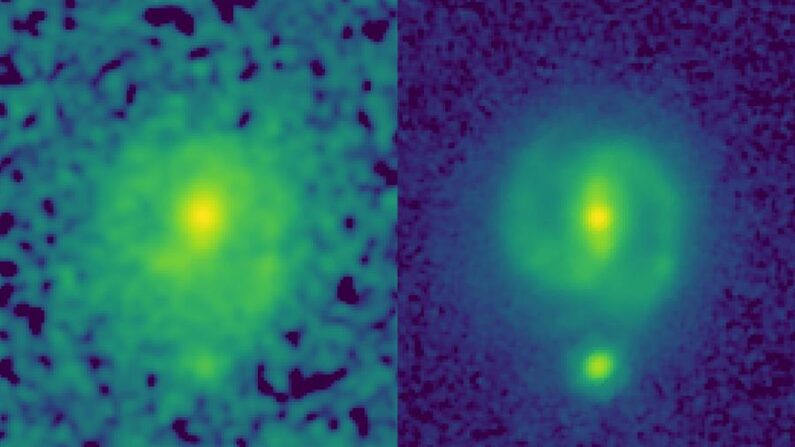 Imágenes de la galaxia EGS23205. A la izquierda la tomada por el telescopio Hubble y a la derecha la del James Webb, en la que se ve que es una galaxia espiral con una clara barra estelar. EFE/NASA/CEERS/University of Texas at Austin