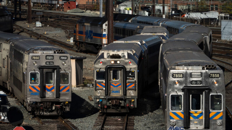 Los trenes de cercanías regionales del área de Maryland (MARC) se sientan en las vías de Union Station el 9 de noviembre de 2021 en Washington, DC. (Drew Angerer/Getty Images)
