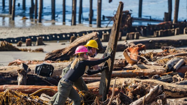 Empleados de los Parques Estatales de California limpian escombros en la playa estatal de Seacliff en Aptos, California, el 17 de enero de 2023. (Nic Coury/AFP vía Getty Images)