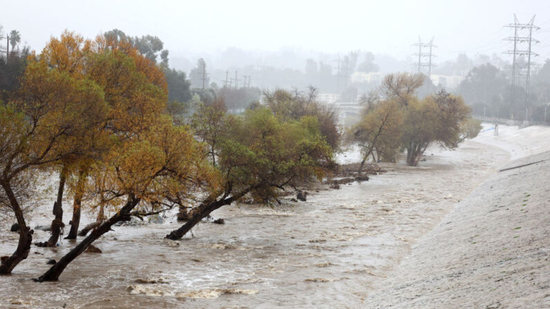 La lluvia cae mientras el río Los Ángeles fluye a gran velocidad el 9 de enero de 2023 en Los Ángeles, California. California sigue empapada por potentes fenómenos fluviales atmosféricos que han traído fuertes vientos y lluvias torrenciales que han derribado árboles, inundado carreteras y cortado el suministro eléctrico a decenas de miles de residentes. (Mario Tama/Getty Images)