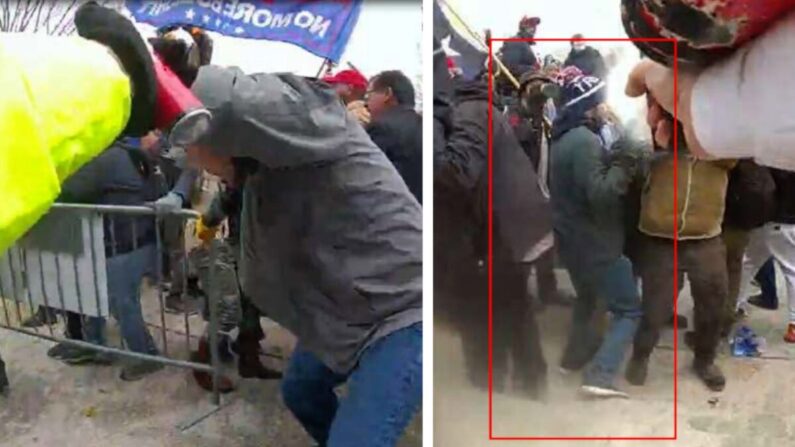 Se observa a Julian Khater (izquierda) sosteniendo un bote en la mano derecha; se observa de nuevo a Khater (derecha) rociando una sustancia en dirección a las fuerzas policiales en Washington, el 6 de enero de 2021. (Cortesía del Departamento de Justicia)
