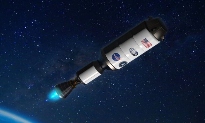 Ilustración de la nave espacial DRACO (Demonstration for Rocket to Agile Cislunar Operations), que demostrará un motor nuclear térmico para cohetes que podría utilizarse en futuras misiones tripuladas de la NASA a Marte. (Cortesía de DARPA)