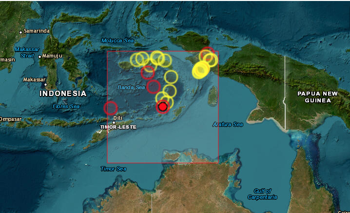 Un potente terremoto de magnitud 7.6, con epicentro en el Mar de Banda, sacudió este lunes Indonesia y Timor Oriental, sin que se hayan producido daños por el momento. (Captura de pantalla/EMSC)