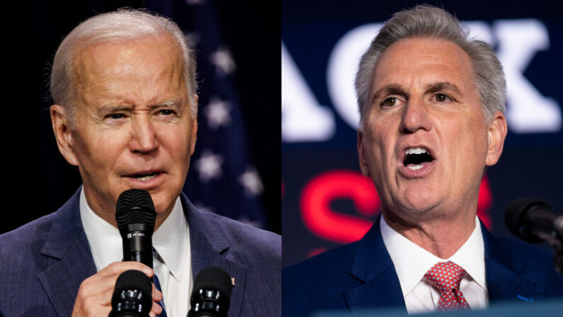 El presidente Joe Biden (izq.) y el líder de la minoría en la Cámara de Representantes Kevin McCarthy (R-Calif.) en imágenes de archivo. (Getty Images)

