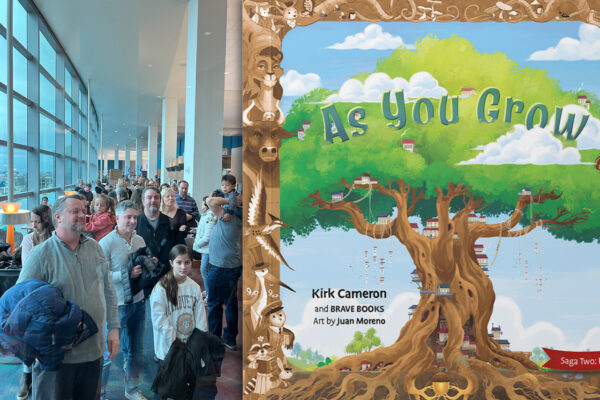 Familias asisten a la hora del cuento en la Biblioteca Pública de Indy; (R) Libro infantil de temática cristiana "As You Grow" de Kirk Cameron. (Cortesía de Zach Bell y Brave Books)