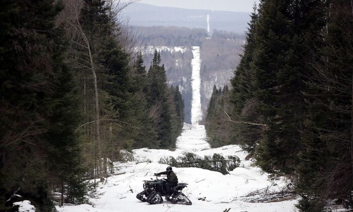 El agente de la Patrulla Fronteriza de EE.UU. Andrew Mayer conduce un todoterreno mientras busca señales de entrada ilegal a lo largo del hito fronterizo cortado en el bosque que marca la línea entre el territorio canadiense a la derecha y Estados Unidos, cerca de Beecher Falls, Vermont, el 23 de marzo de 2006. (Joe Raedle/Getty Images)