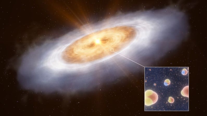 Esta impresión artística muestra el disco de formación planetaria alrededor de la estrella V883 Orionis y las moléculas de agua detectadas en su interior. (Cortesía de ESO/L. Calçada)