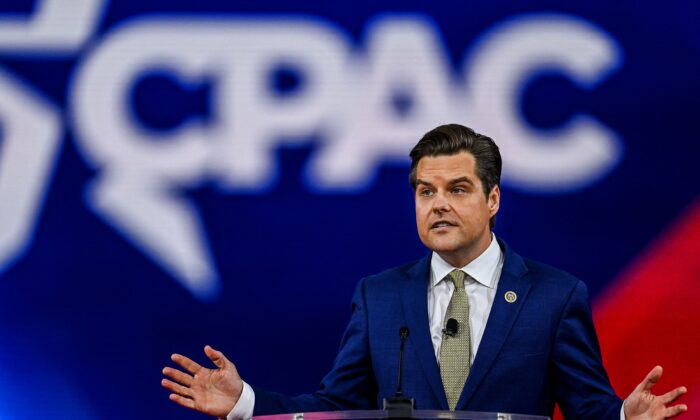 El representante Matt Gaetz (R-Fla.) habla en la Conferencia de Acción Política Conservadora 2022 (CPAC) en Orlando, Florida, el 26 de febrero de 2022. (Chandan Khanna/AFP vía Getty Images)
