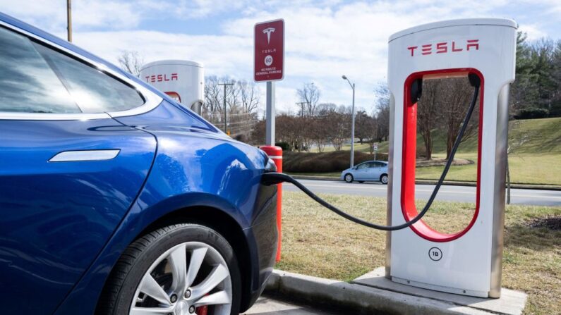 Un sedán Tesla Model S se enchufa a una estación de carga de vehículos eléctricos Tesla Supercharger en Falls Church, Virginia, el 13 de febrero de 2023. (Saul Loeb/AFP vía Getty Images)
