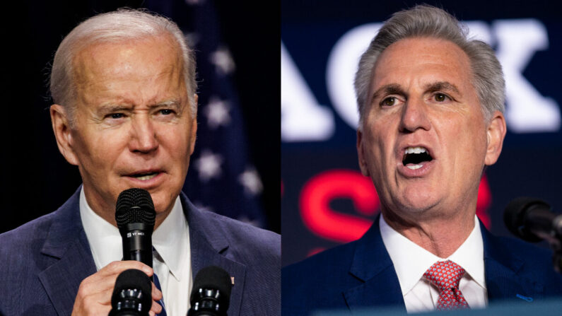 El presidente Joe Biden, a la izquierda, y el ahora líder de la mayoría en la Cámara de Representantes, Kevin McCarthy (R-Calif.), en imágenes de archivo. (Getty Images)