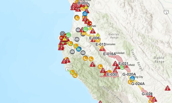 Un mapa del condado de Monterey, California, muestra advertencias vigentes debido a inundaciones a partir del 12 de marzo de 2023. (Condado de Monterey)
