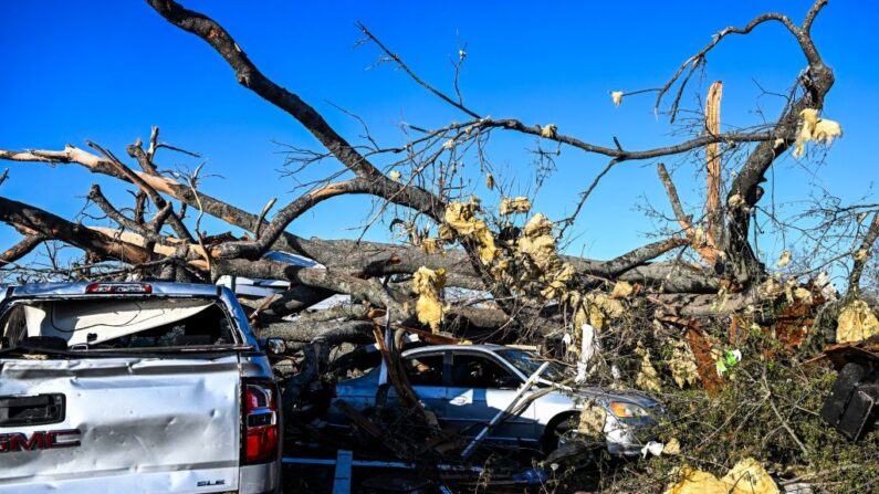 Restos de una casa y coches enredados en las ramas de un árbol en Rolling Fork, Mississippi, después de que un tornado tocara tierra en la zona el 25 de marzo de 2023. (Chandan Khanna/AFP vía Getty Images)